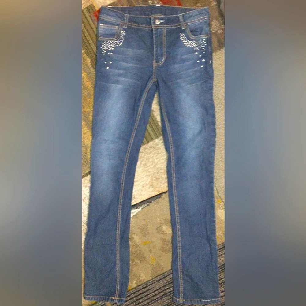 GUC Girls FADED GLORY Studded/Bedazzled Dark Wash Skinny Straight Jeans~Sz 14 1
